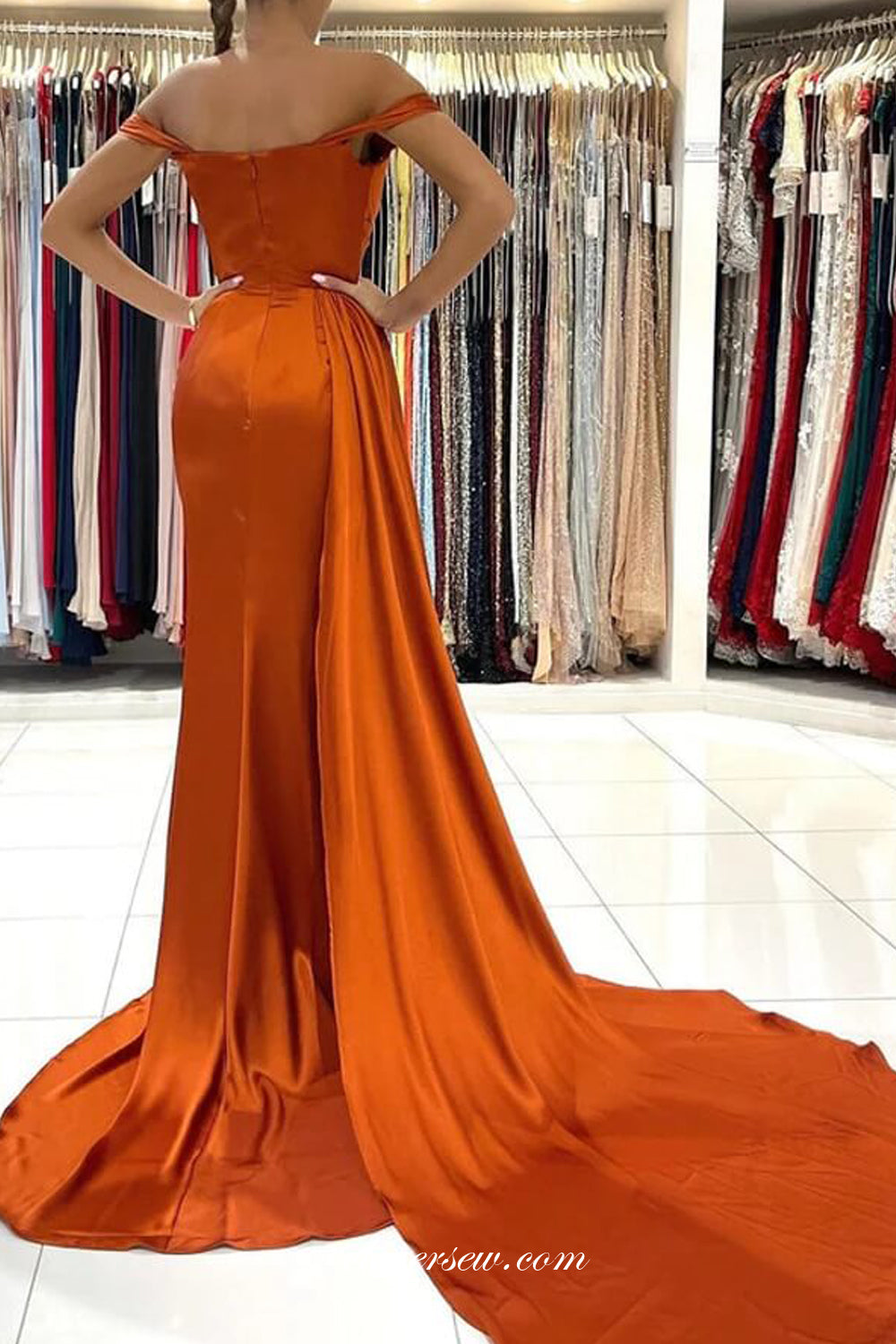 Burnt Orange Satin Off The Shoulder With Sweep Trap Formal Dresses, CP clover sew Burnt Orange Satin Off The Shoulder With Sweep Trap Formal Dresses, CP clover sew