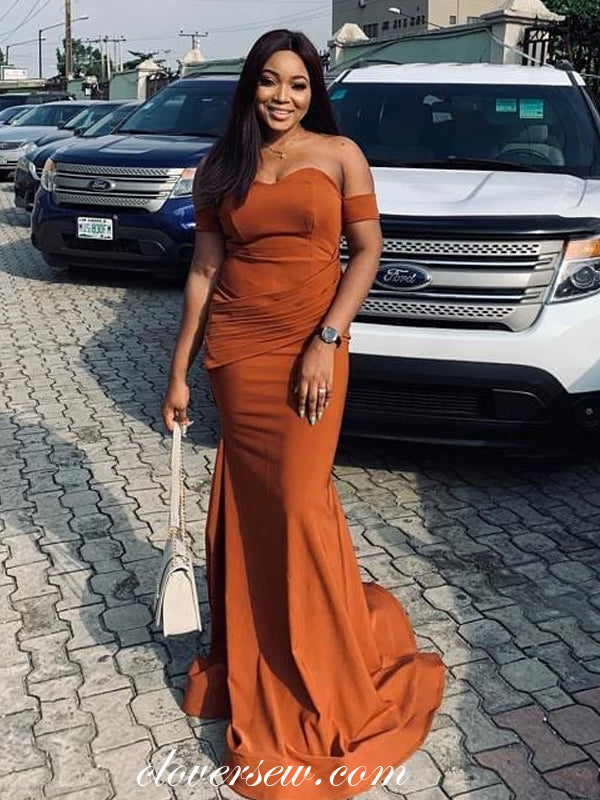 Burnt Orange Off The Shoulder Pleat Mermaid Prom Dresses,CP0357