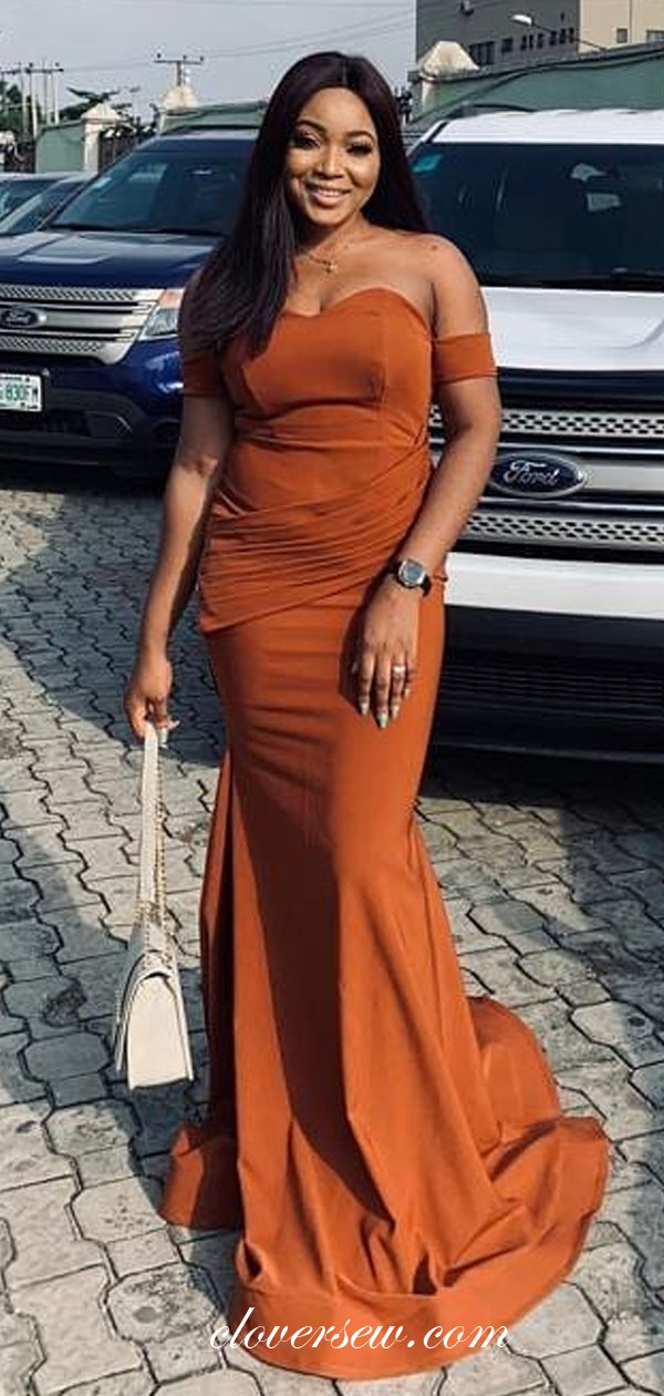 Burnt Orange Off The Shoulder Pleat Mermaid Prom Dresses,CP0357