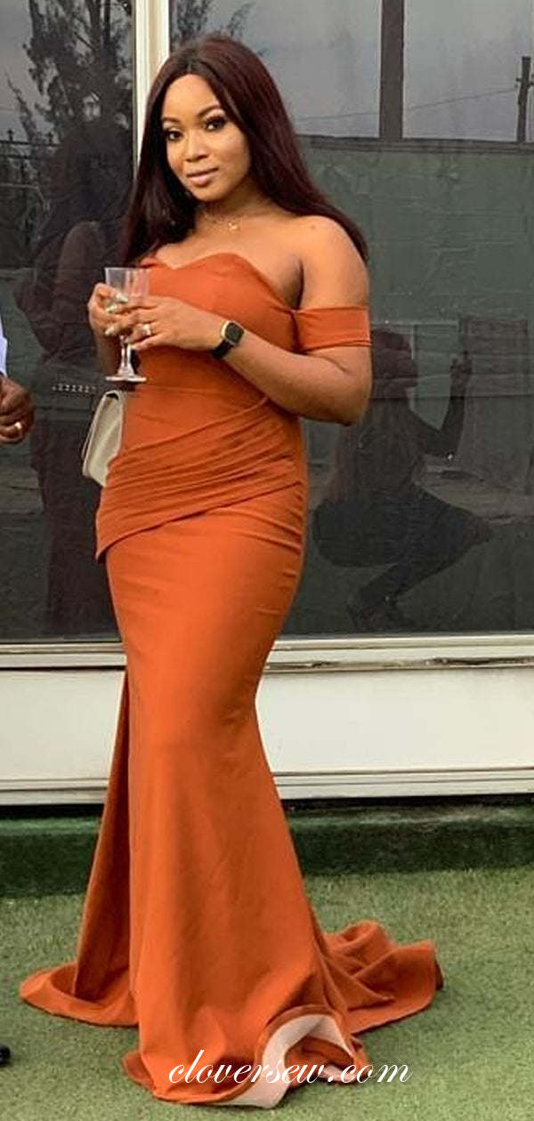 Burnt Orange Off The Shoulder Pleat Mermaid Prom Dresses,CP0357