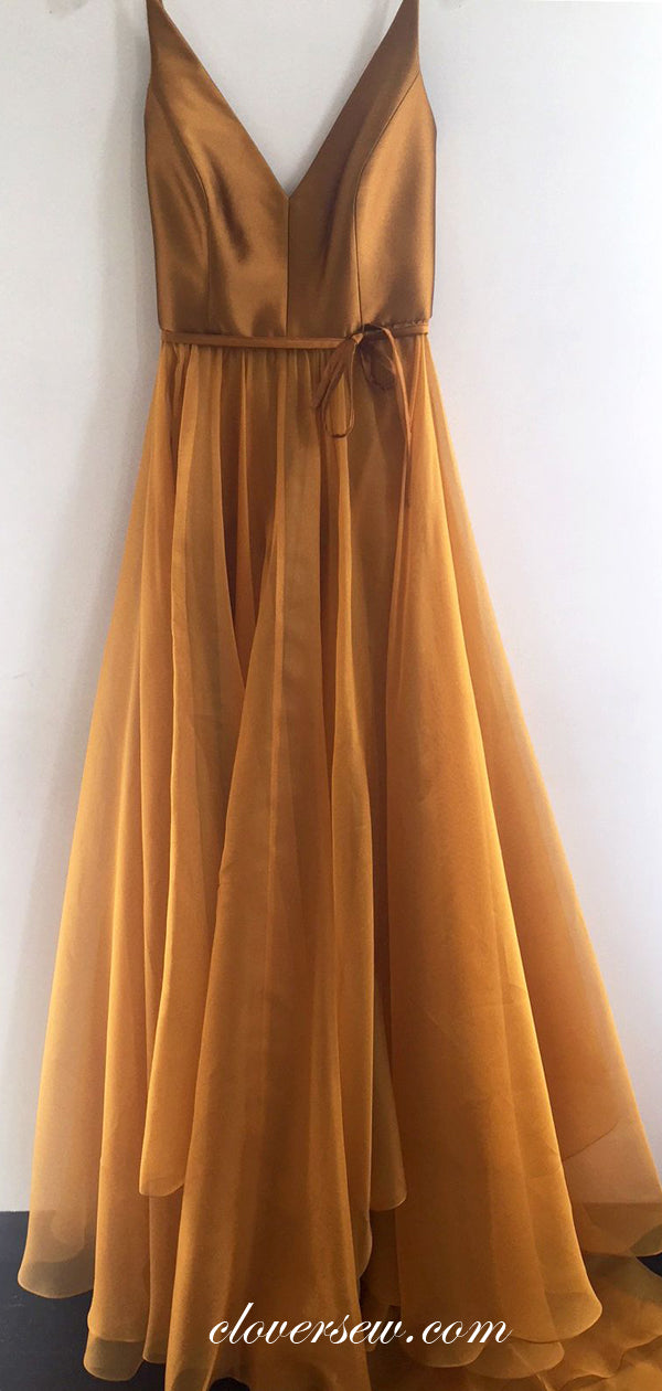 Burnt Orange Satin Organza V-neck A-line Prom Dresses,CP0203