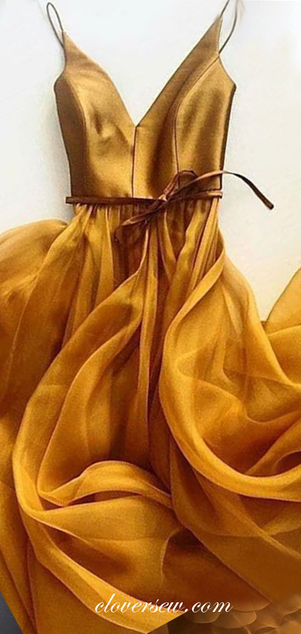 Burnt Orange Satin Organza V-neck A-line Prom Dresses,CP0203