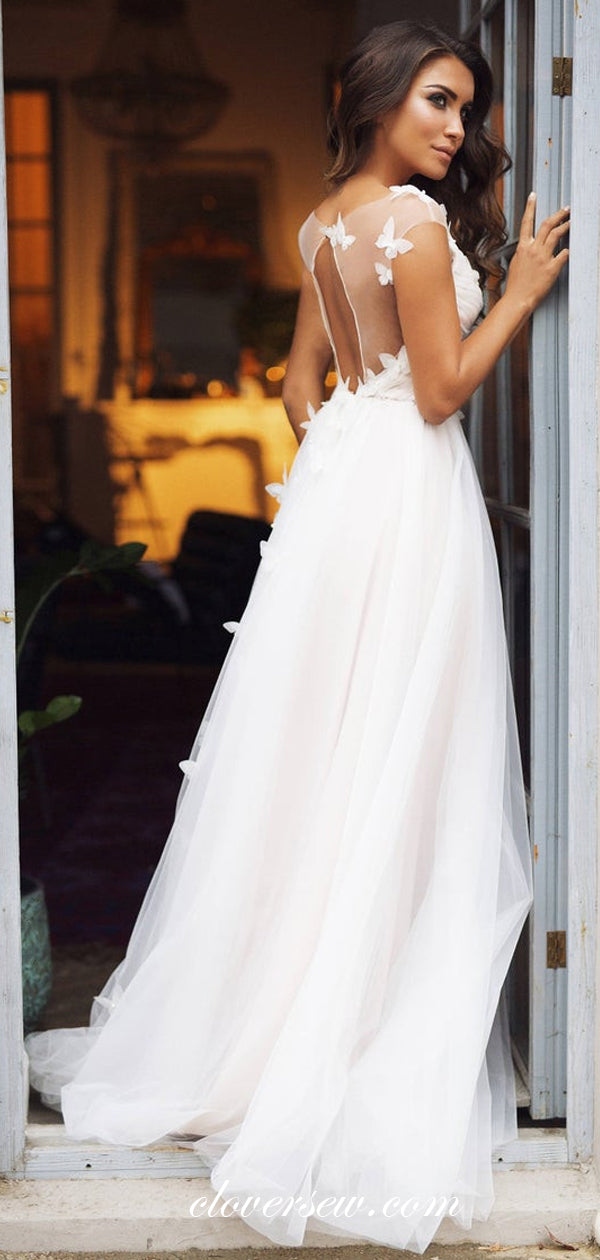 Cap Sleeves Butterfly Applique White Tulle Open Back Wedding Dresses, CW0223 US10 / As Pic Cap Sleeves Butterfly Applique White Tulle Open Back Wedding Dresses, CW0223 US10 / As Pic
