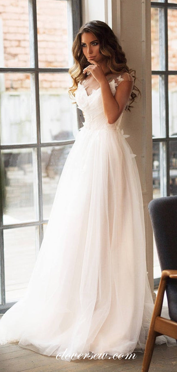 Cap Sleeves Butterfly Applique White Tulle Open Back Wedding Dresses, CW0223
