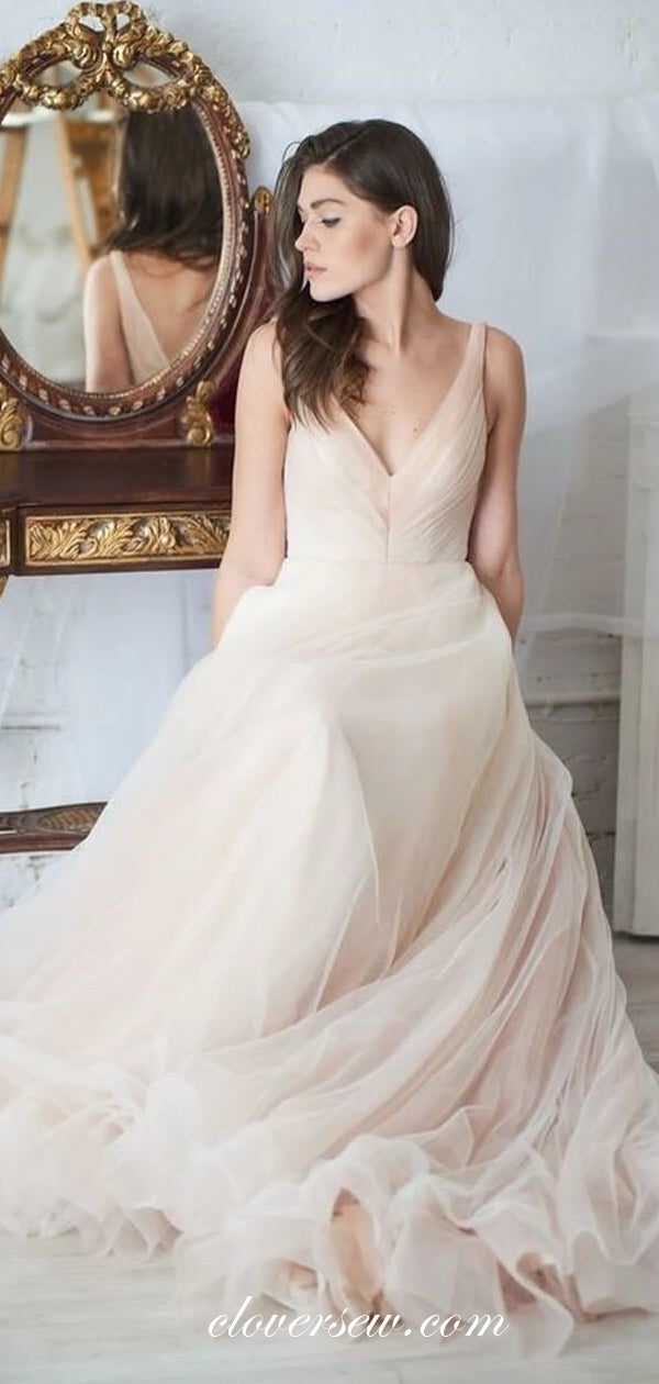 Champagne Pink Tulle V-neck A-line Charming Wedding Dresses, CW0199 clover sew Champagne Pink Tulle V-neck A-line Charming Wedding Dresses, CW0199 clover sew