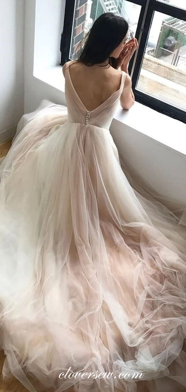 Champagne Pink Tulle V-neck A-line Charming Wedding Dresses, CW0199