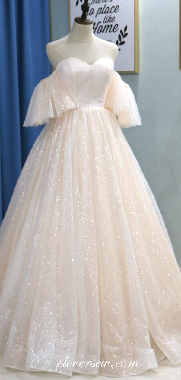 Champagne Sequin Tulle Off The Shoulder Wedding Dresses, CW0176