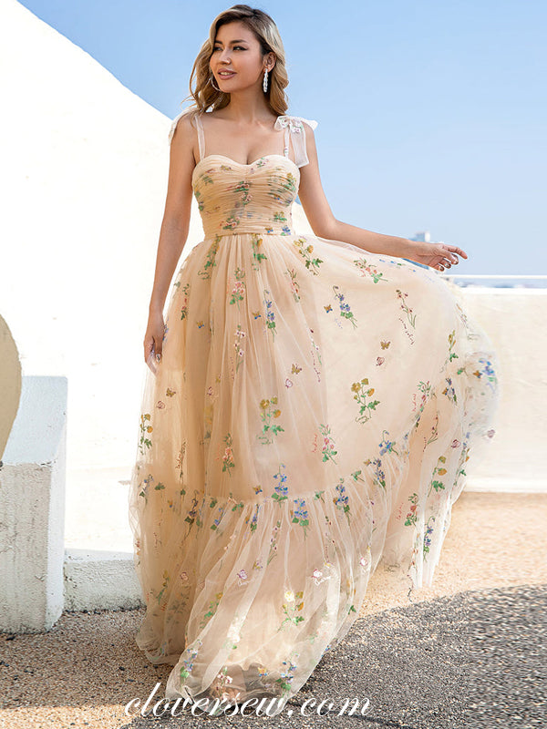 Champagne Yellow Embroidery Tulle A-line Prom Dresses, CP0945
