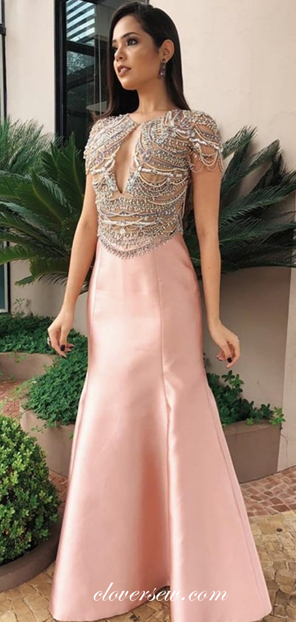 Charming Beaded Top Short Sleeves Pink Mermaid Formal Dresses, CP0626
