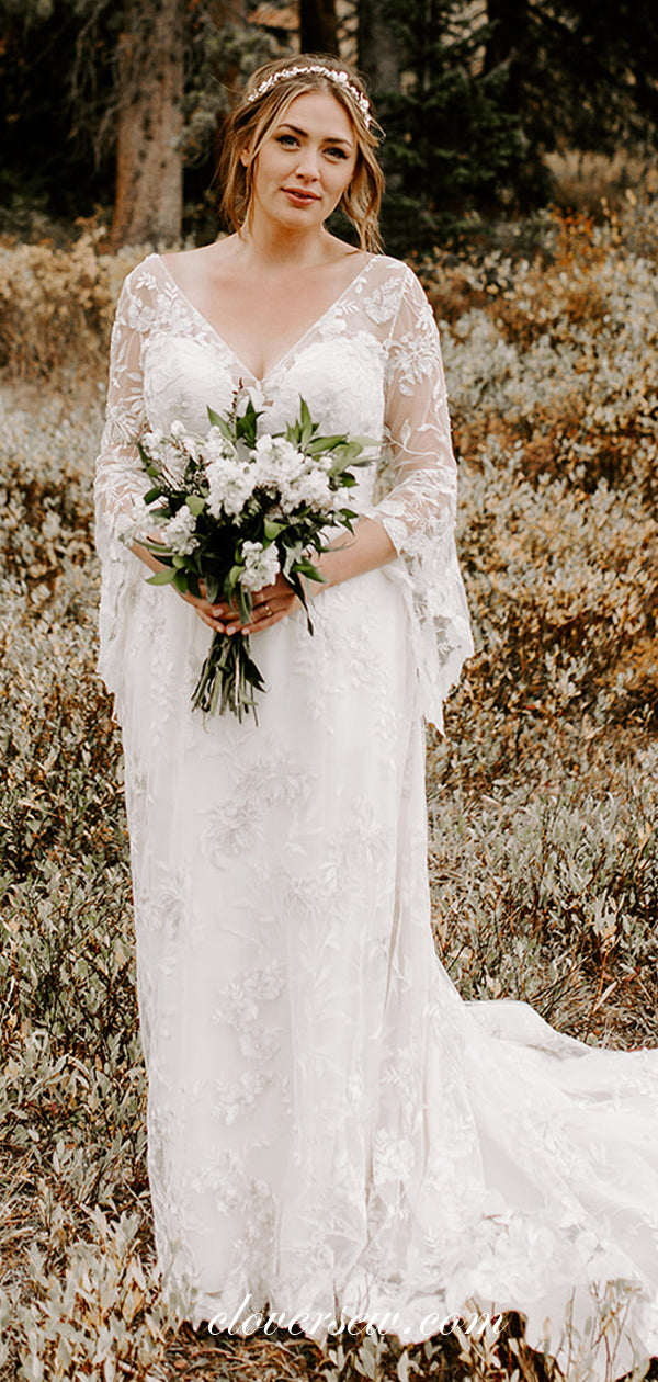 Charming Lace Long Sleeves Scoop Back Boho Wedding Dresses, CW0191 US14 / As Pic Charming Lace Long Sleeves Scoop Back Boho Wedding Dresses, CW0191 US14 / As Pic