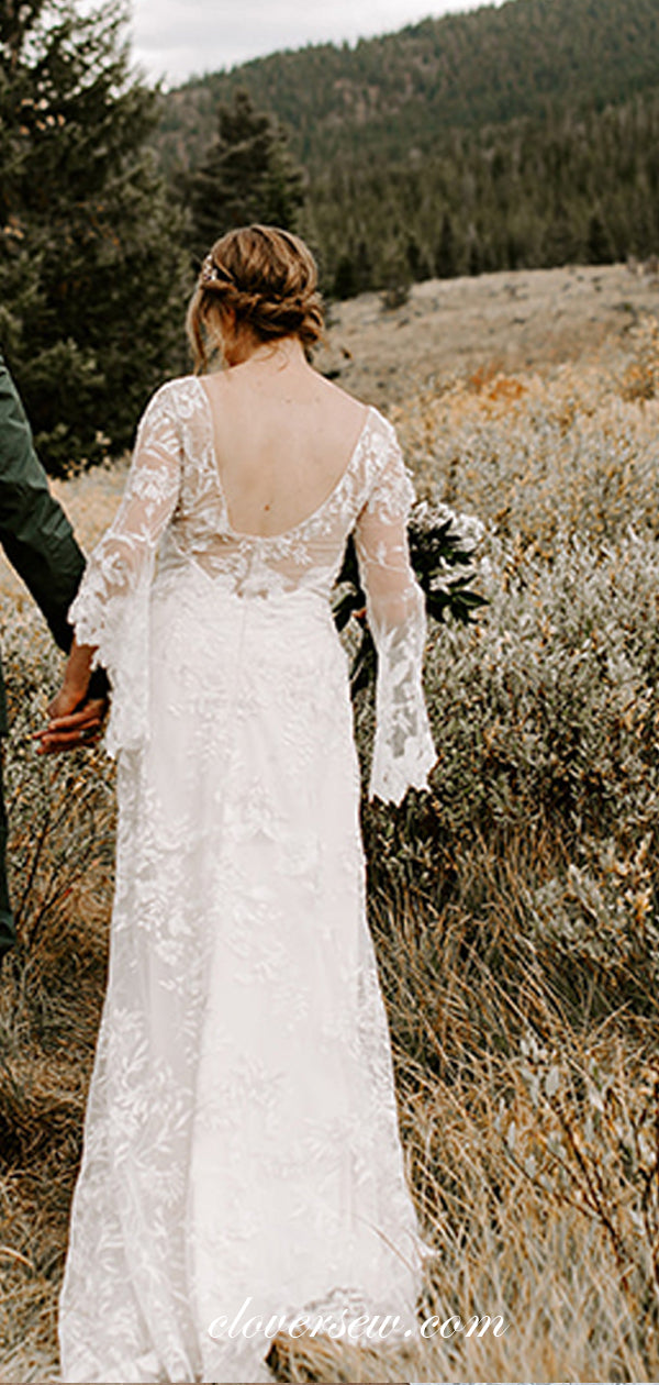 Charming Lace Long Sleeves Scoop Back Boho Wedding Dresses, CW0191