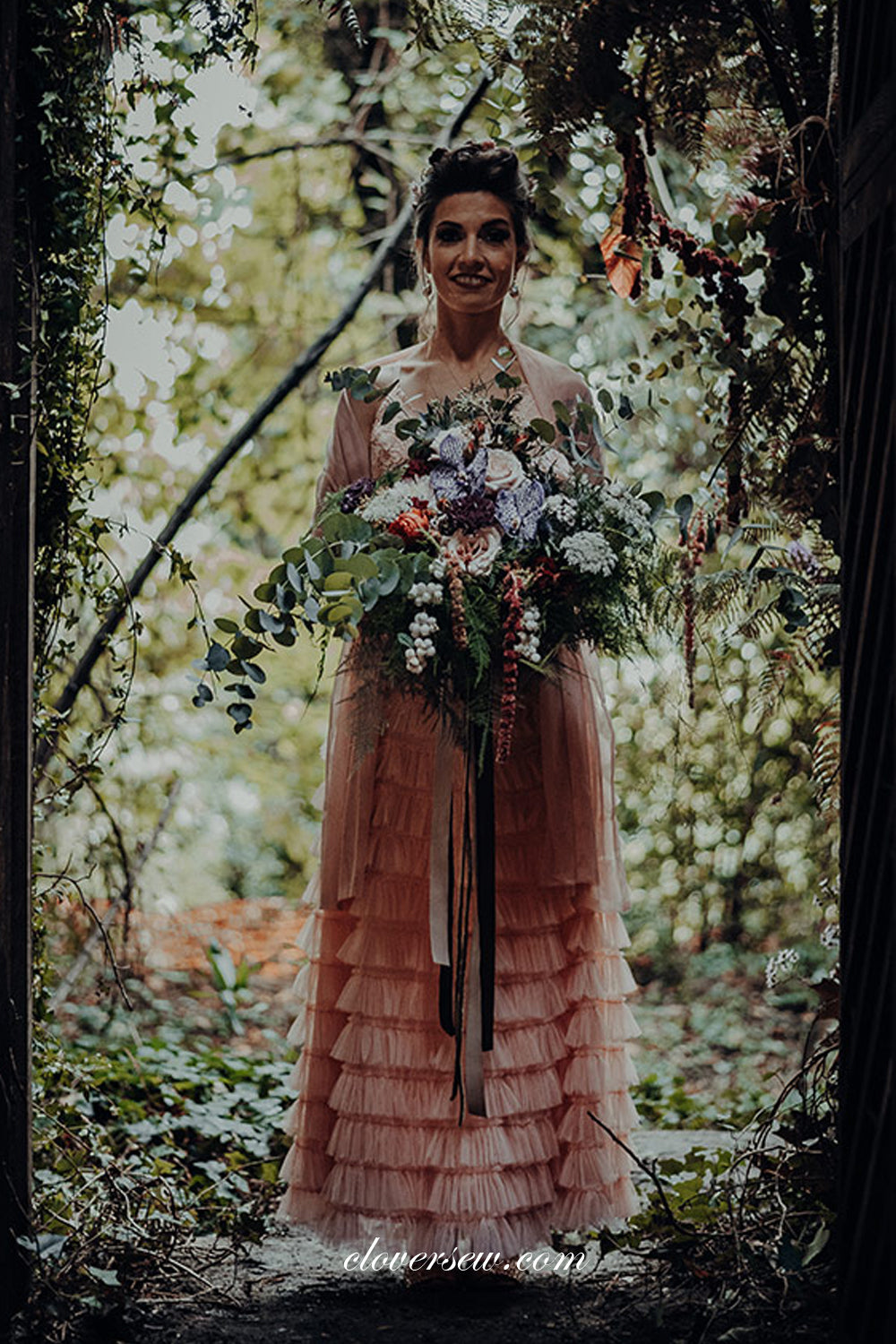 tiered tulle wedding dress Charming Peach Pink Spaghetti Strap Lace Tiered Tulle Wedding Dresses, CW0253 US2 / As Pic