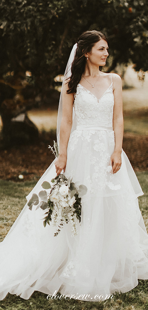 Charming Lace Ivory Tulle V-neck A-line Wedding Dresses , CW0055