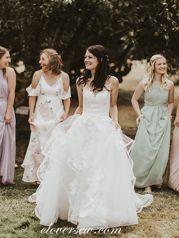 Charming Lace Ivory Tulle V-neck A-line Wedding Dresses , CW0055