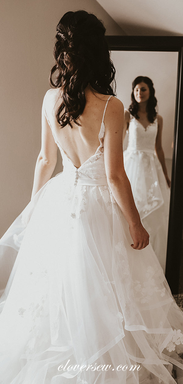 Charming Lace Ivory Tulle V-neck A-line Wedding Dresses , CW0055