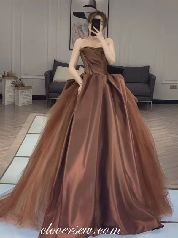 Chocolate Satin Tull Ball Gown Strapless Charming Prom Dresses, CP0794