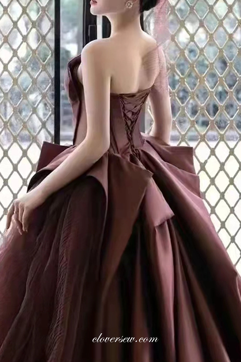 Chocolate Satin Tull Ball Gown Strapless Charming Prom Dresses, CP0794