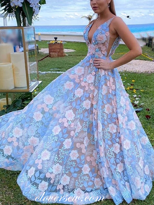 Colorful Floral Lace Sleeveless A-line Prom Dresses,CP0346
