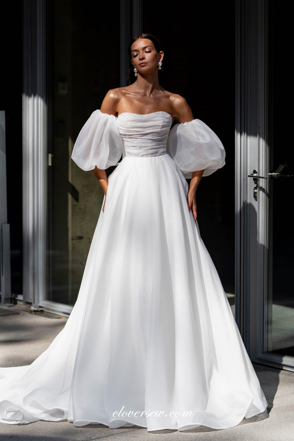 Convertible Sleeves Strapless Beaded Organza A-Line Wedding Dresses, CW0334 US16 / Custom Color(Leaving A note) Convertible Sleeves Strapless Beaded Organza A-Line Wedding Dresses, CW0334 US16 / Custom Color(Leaving A note)