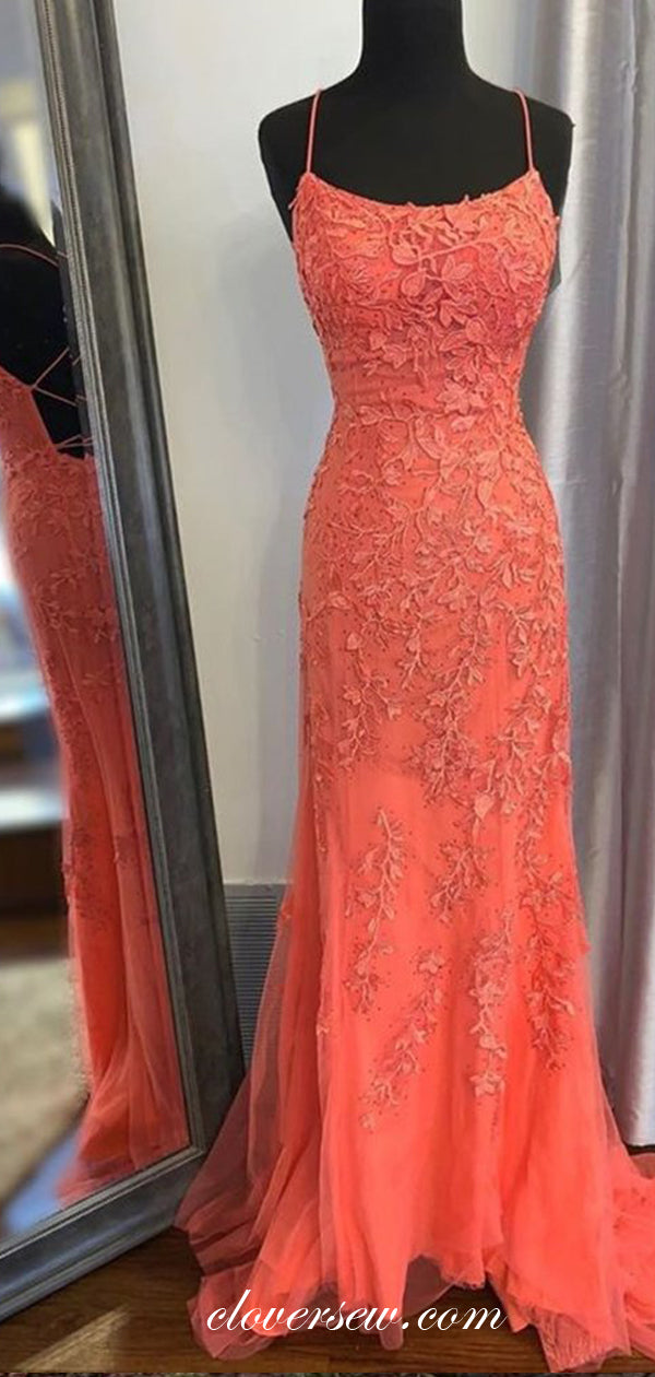 Coral Lace Applique Sheath Backless Popular Prom Dresses, CP0592 clover sew Coral Lace Applique Sheath Backless Popular Prom Dresses, CP0592 clover sew