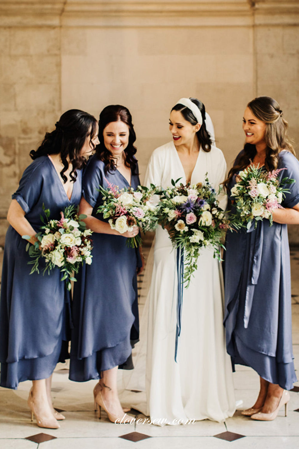 Cornflower Blue V-neck Short Sleeves Wrap High Low Bridesmaid Dresses, CB0231