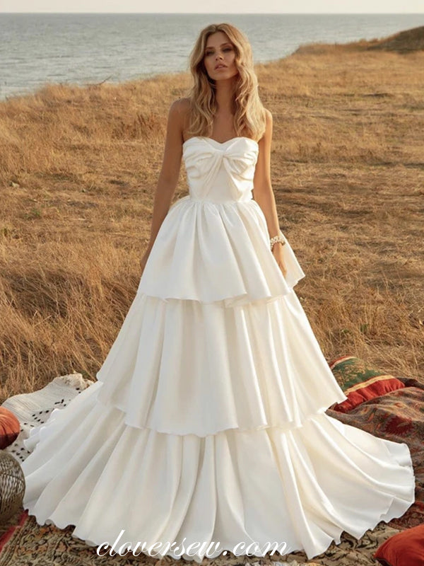 Cream Satin Strapless Tiered A-line Charming Wedding Gowns, CW0212