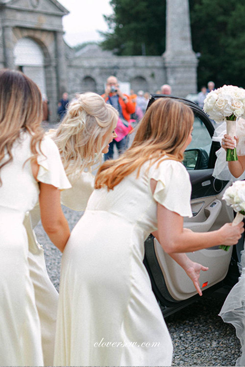 Cream V-neck Short Sleeves Column Elegant Long Bridesmaid Dresses, CB0275