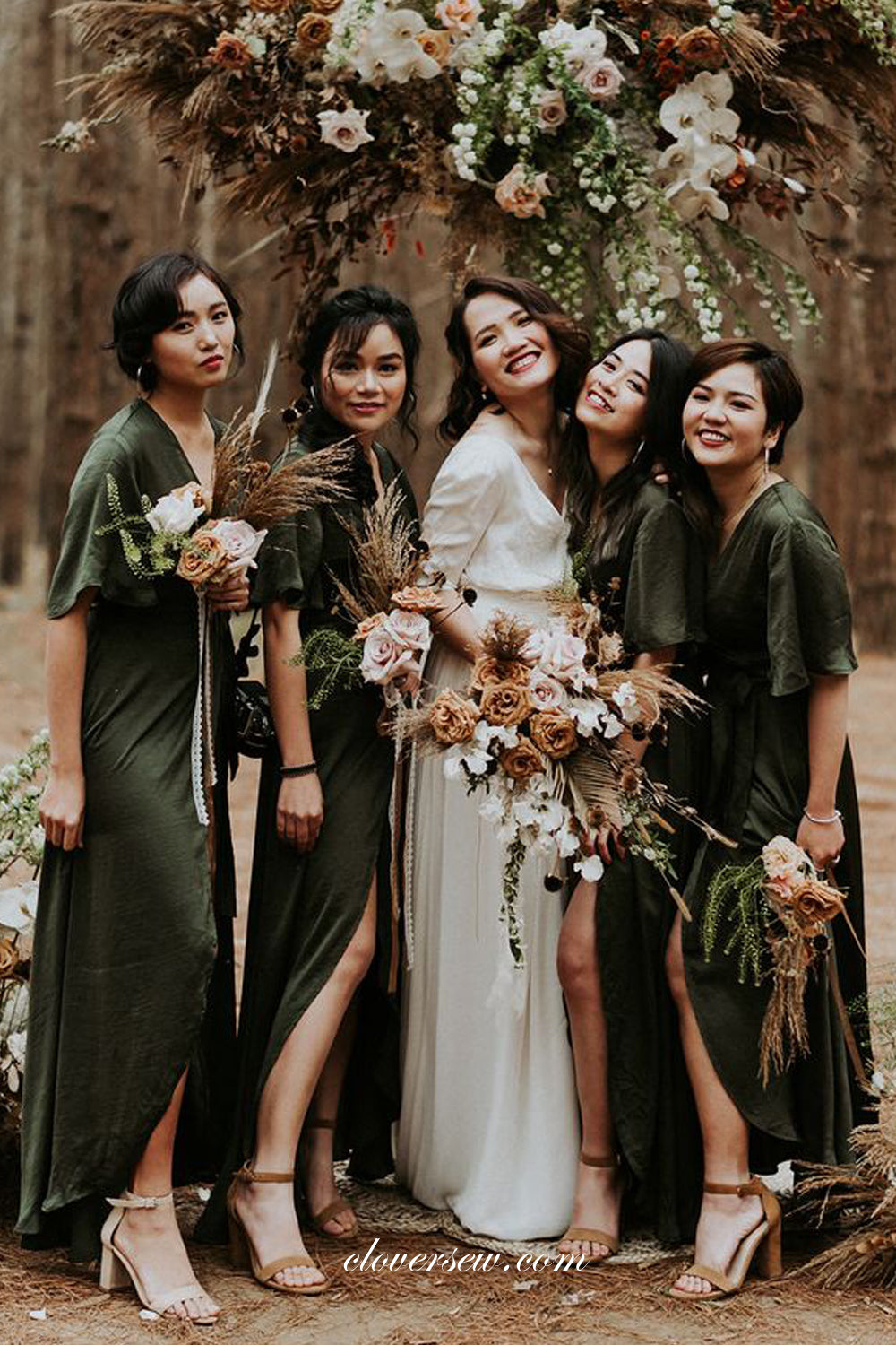 Dark Green Half Sleeves V-neck Front Slits High Low Bridesmaid Dresses, CB0260