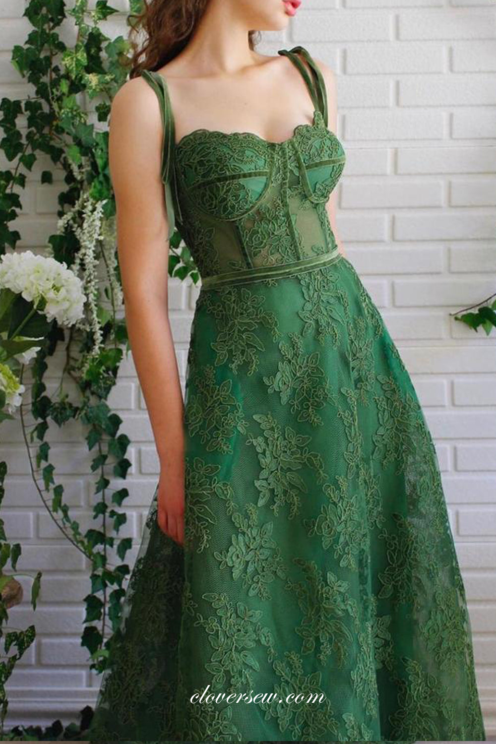 Dark Green Lace Sleeveless A-line French Prom Dresses, CP0944
