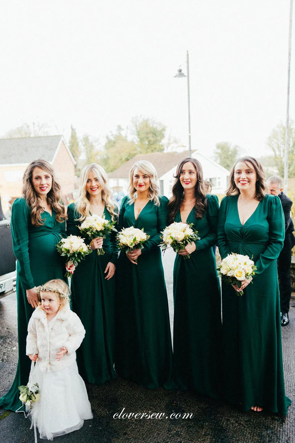 Dark Green Long Sleeves Pleating Column Elegant Bridesmaid Dresses, CB0255