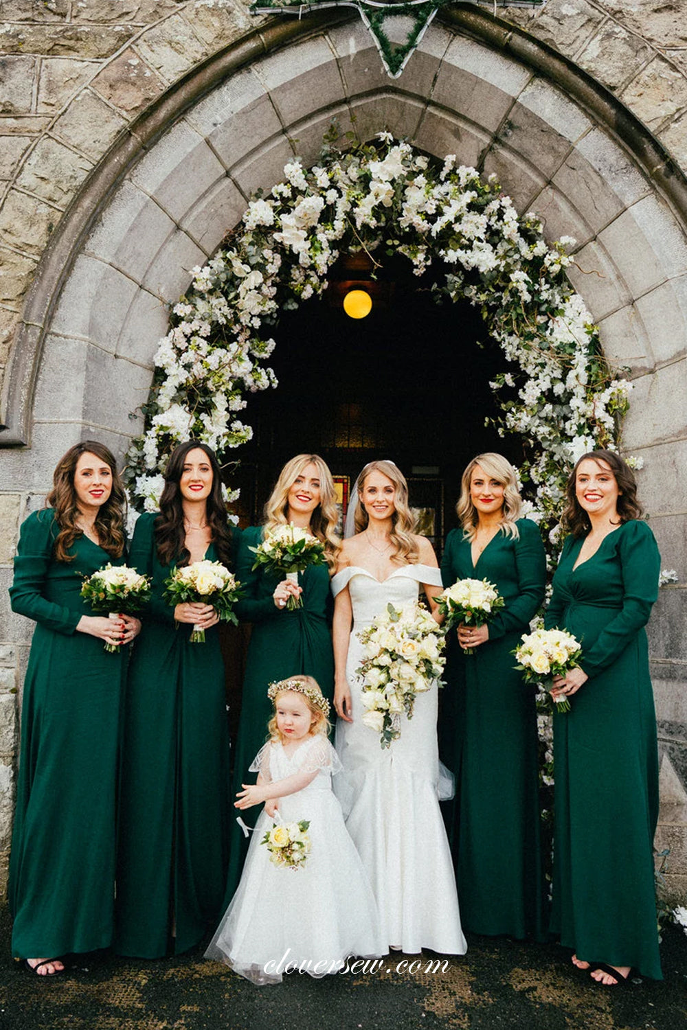 Dark Green Long Sleeves Pleating Column Elegant Bridesmaid Dresses, CB0255