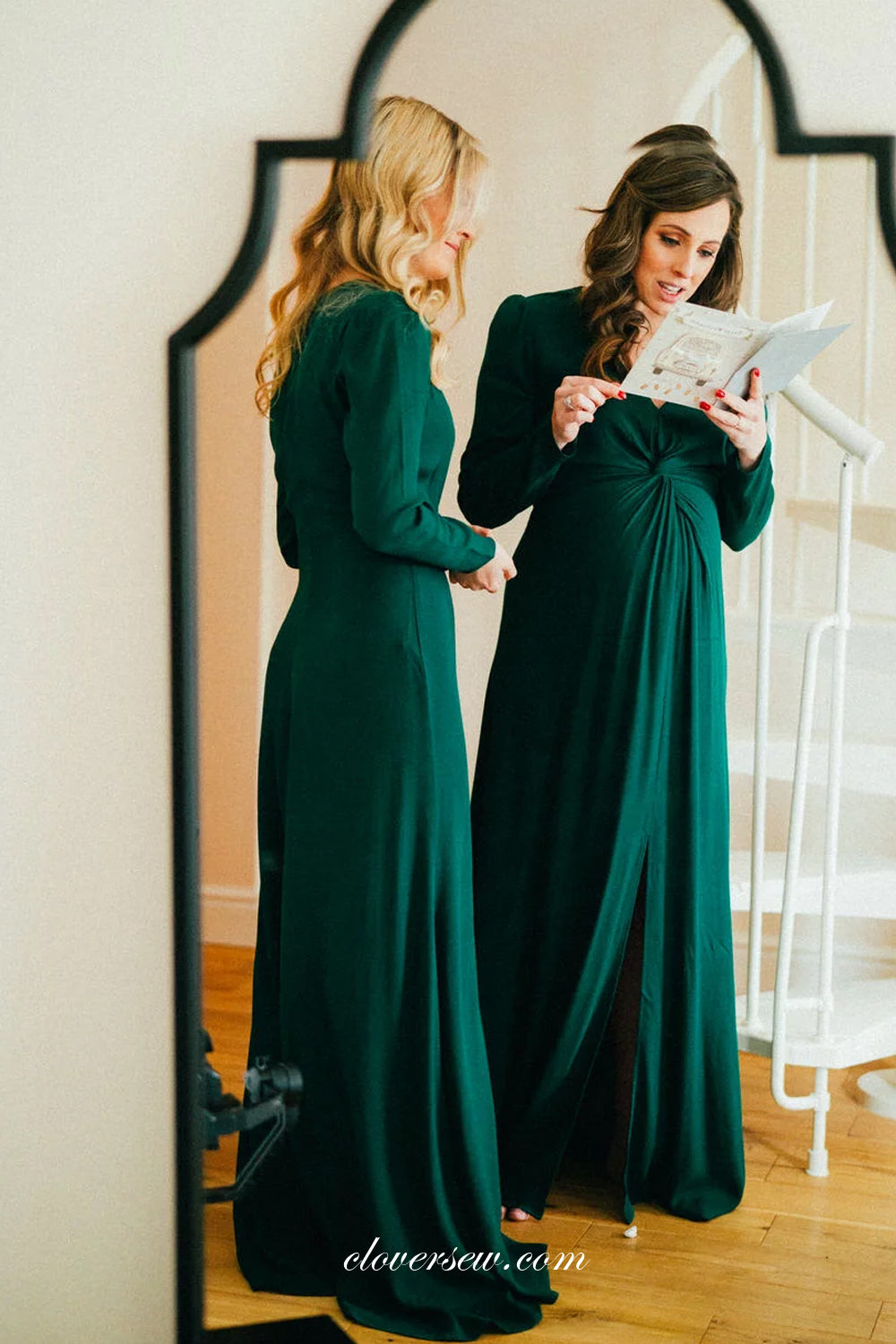 Dark Green Long Sleeves Pleating Column Elegant Bridesmaid Dresses, CB clover sew Dark Green Long Sleeves Pleating Column Elegant Bridesmaid Dresses, CB clover sew