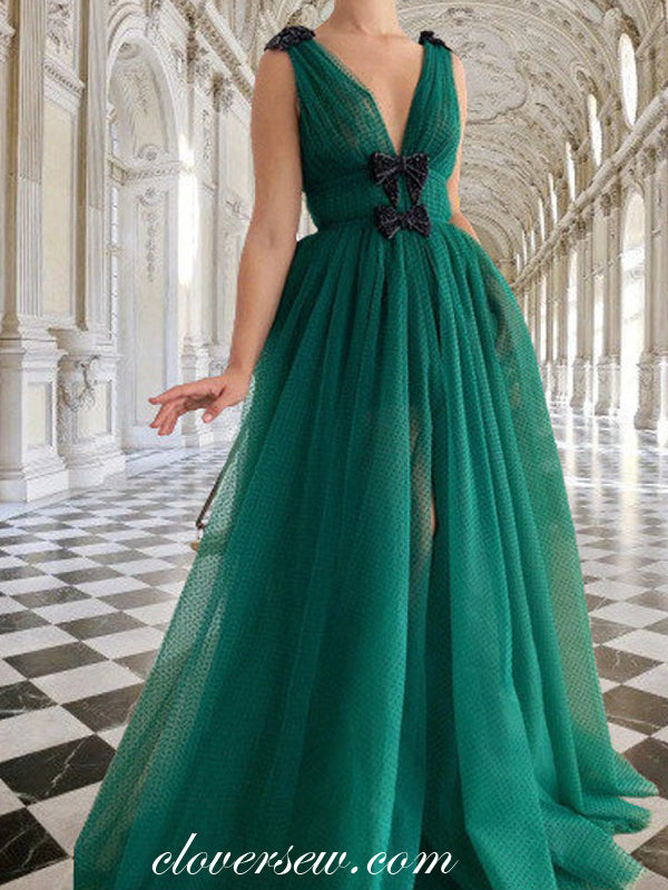 Dark Green Polka Dot Tulle Beanding Bowknot Applique Prom Dresses, CP0989