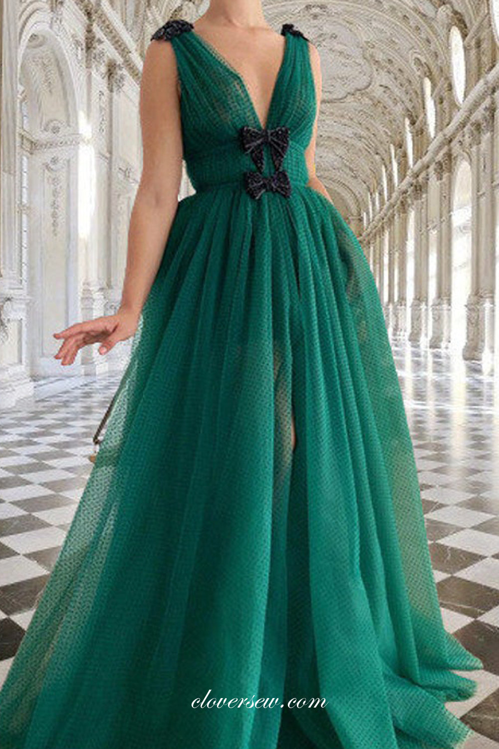 Dark Green Polka Dot Tulle Beanding Bowknot Applique Prom Dresses, CP0 – clover sew Dark Green Polka Dot Tulle Beanding Bowknot Applique Prom Dresses, CP0 – clover sew