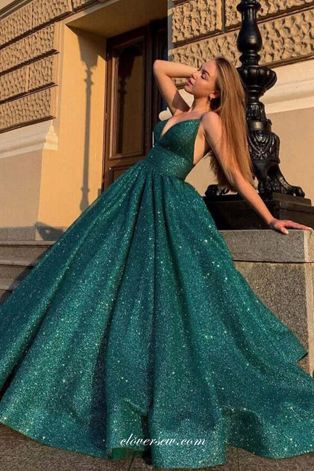 Dark Green Shiny Satin V-neck A-line Elegant Prom Dresses, CP0815