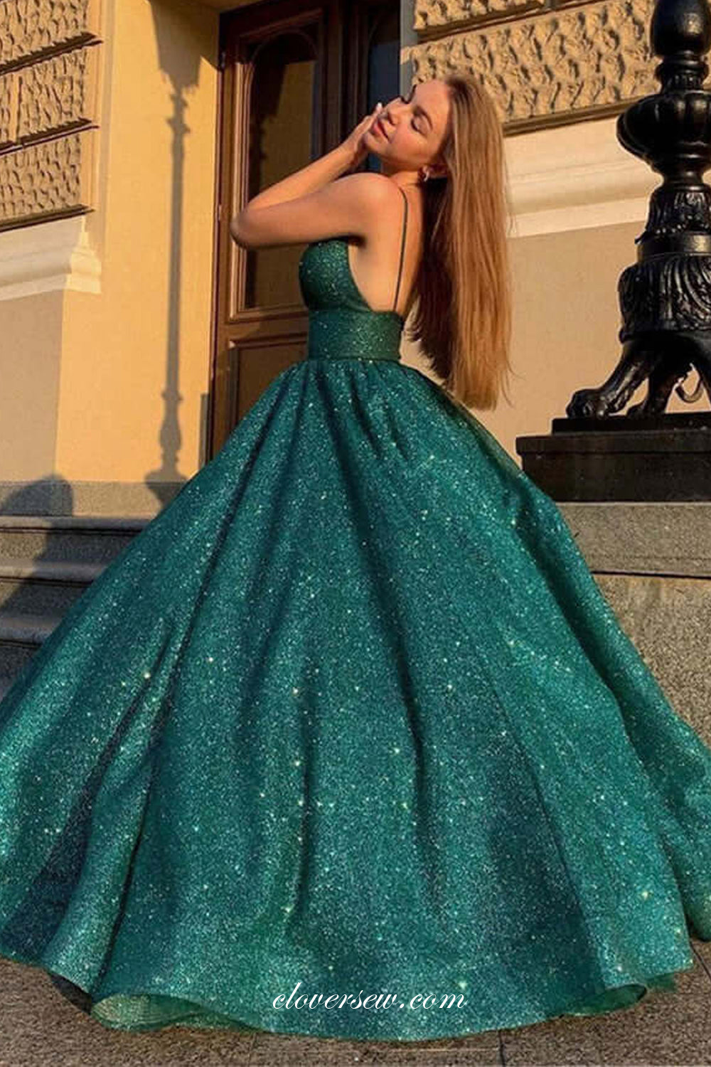 Dark Green Shiny Satin V-neck A-line Elegant Prom Dresses, CP0815