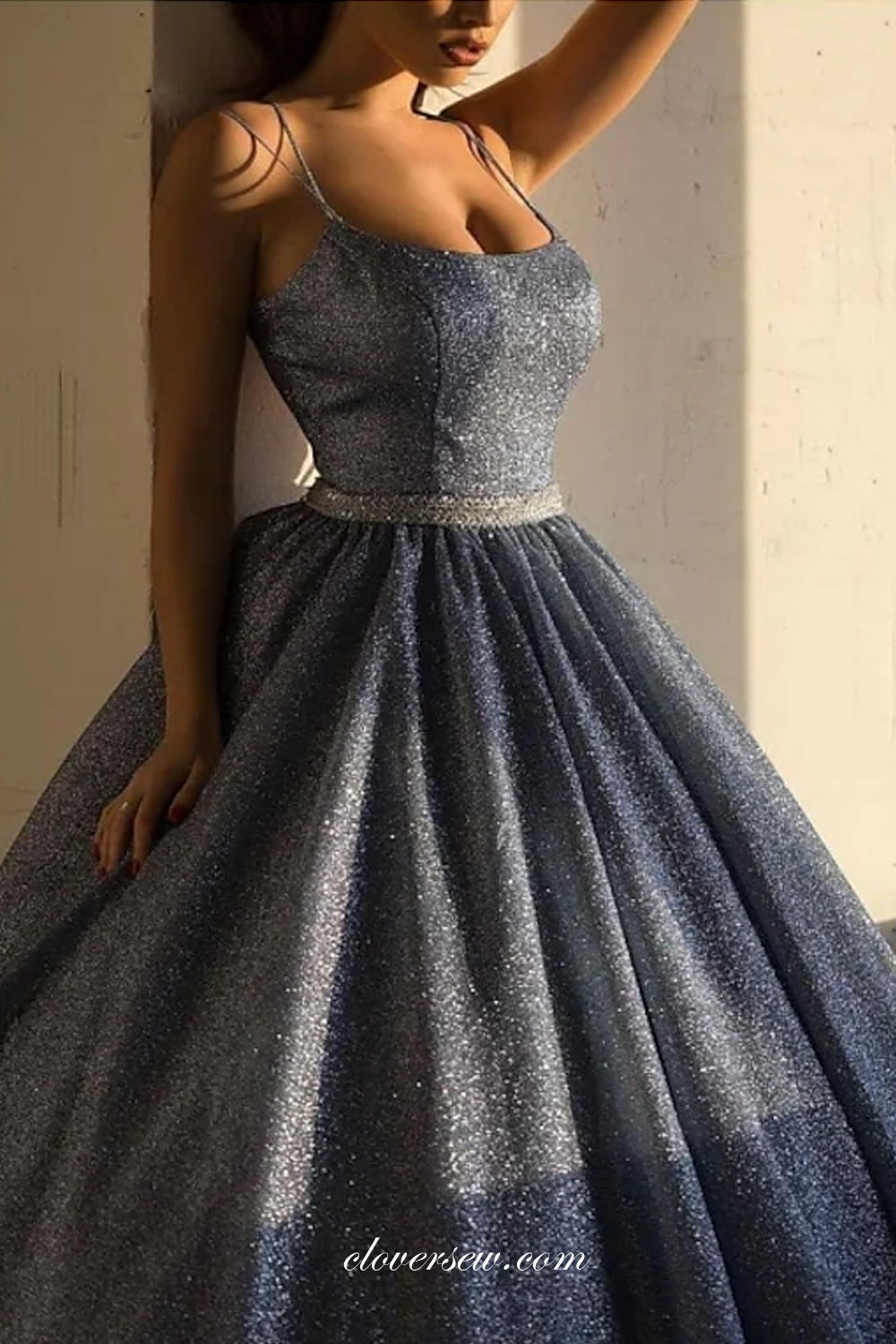 Dark Grey Shiny Sequined Satin Spaghetti Strap Charming Prom Dresses, clover sew Dark Grey Shiny Sequined Satin Spaghetti Strap Charming Prom Dresses, clover sew