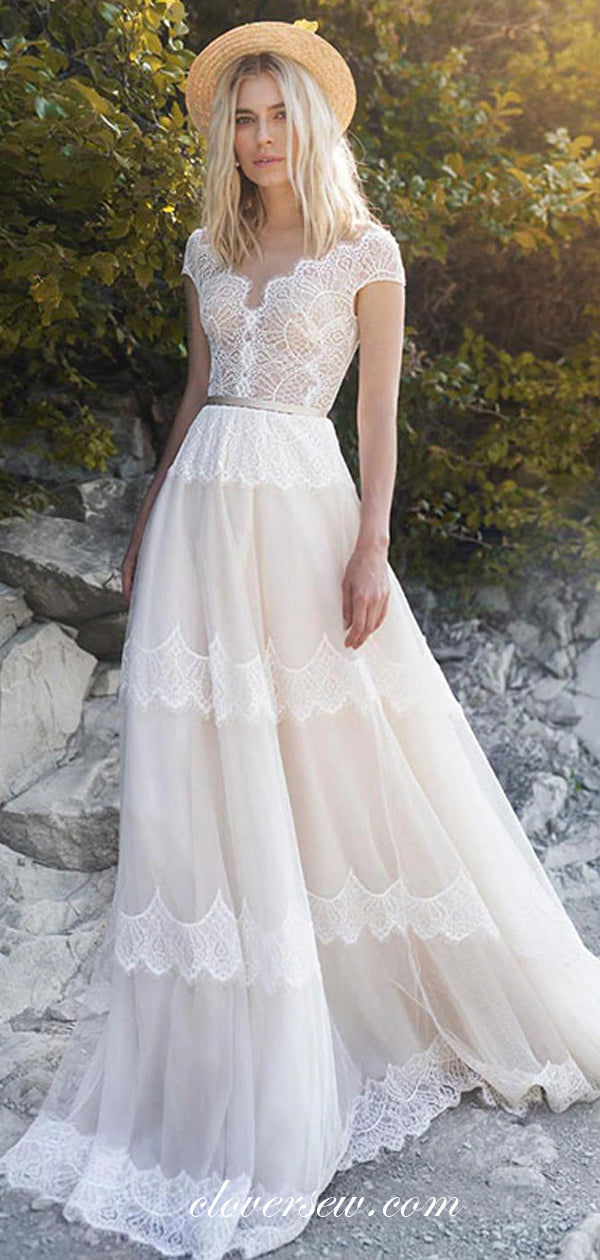 Dark Ivory Lace Tulle Off The Shoulder A-line Boho Wedding Dresses,CW0 clover sew Dark Ivory Lace Tulle Off The Shoulder A-line Boho Wedding Dresses,CW0 clover sew