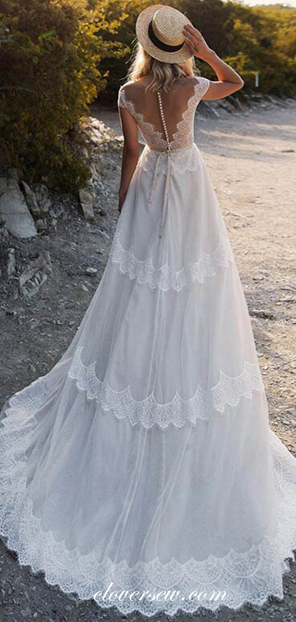 Dark Ivory Lace Tulle Off The Shoulder A-line Boho Wedding Dresses,CW0 clover sew Dark Ivory Lace Tulle Off The Shoulder A-line Boho Wedding Dresses,CW0 clover sew