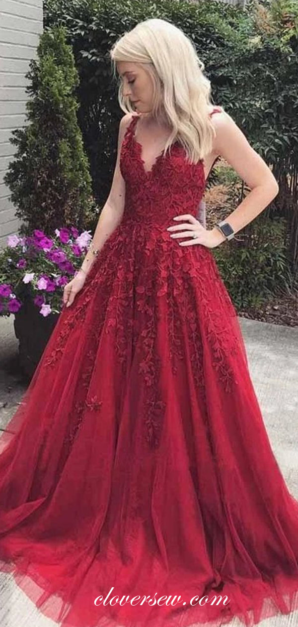 Dark Red Lace Applique V-neck A-line Prom Dresses For Teens, CP0585 Dark Red Lace Applique V-neck A-line Prom Dresses For Teens, CP0585