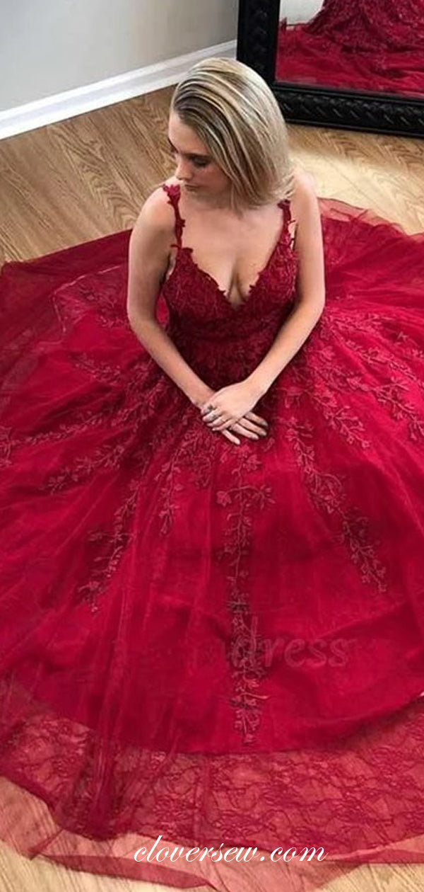 Dark Red Lace Applique V-neck A-line Prom Dresses For Teens, CP0585 Dark Red Lace Applique V-neck A-line Prom Dresses For Teens, CP0585