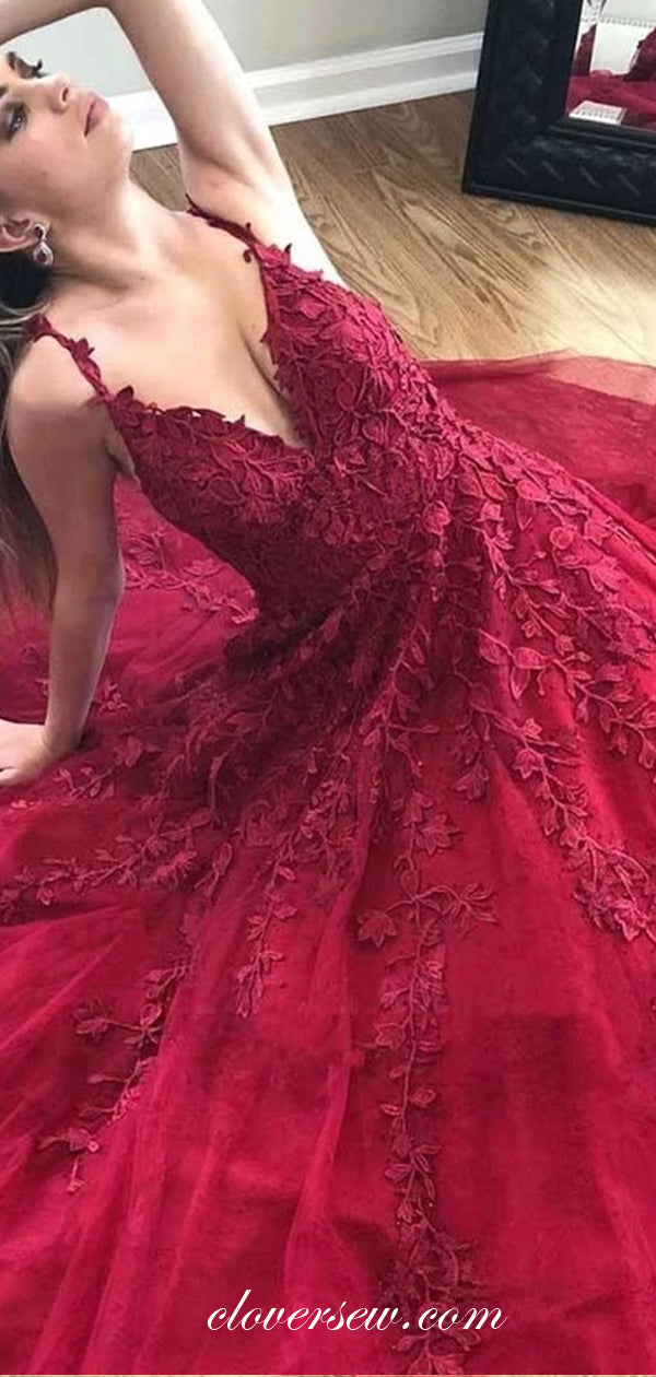 Dark Red Lace Applique V-neck A-line Prom Dresses For Teens, CP0585