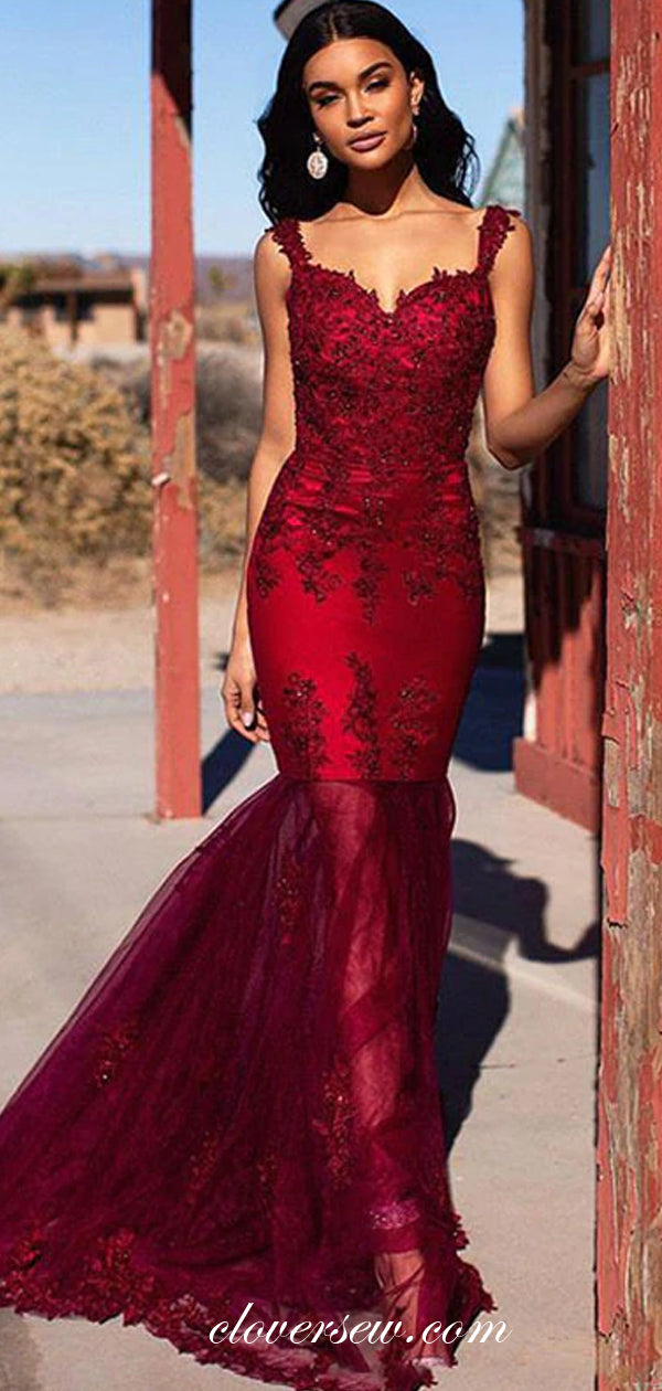 Dark Red Lace Bead Applique Sleeveless Mermaid Prom Dresses, CP0494