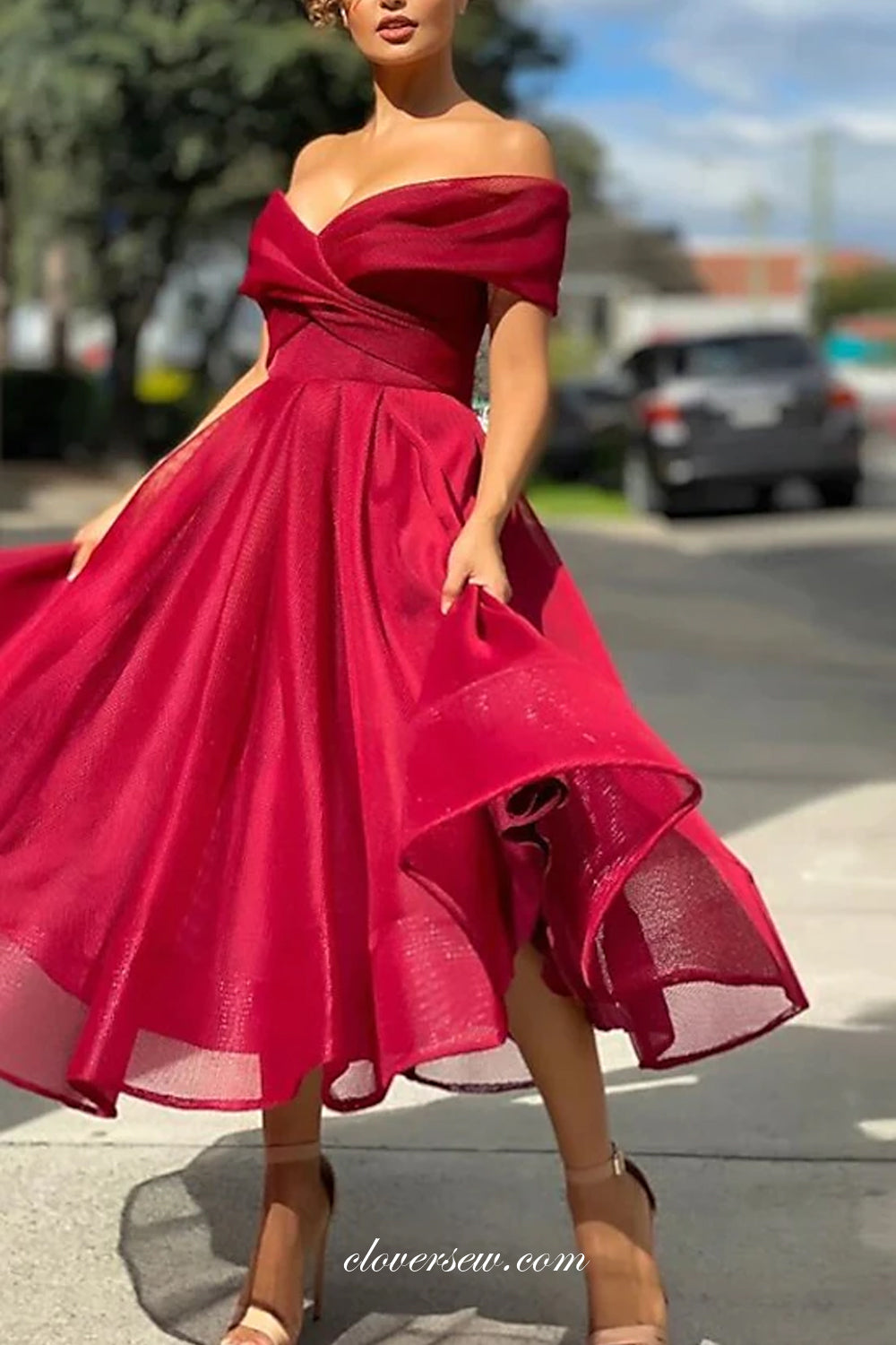 Dark Red Organza Off The Shoulder Elegant Tea Length Prom Dresses, CP0721 Dark Red Organza Off The Shoulder Elegant Tea Length Prom Dresses, CP0721