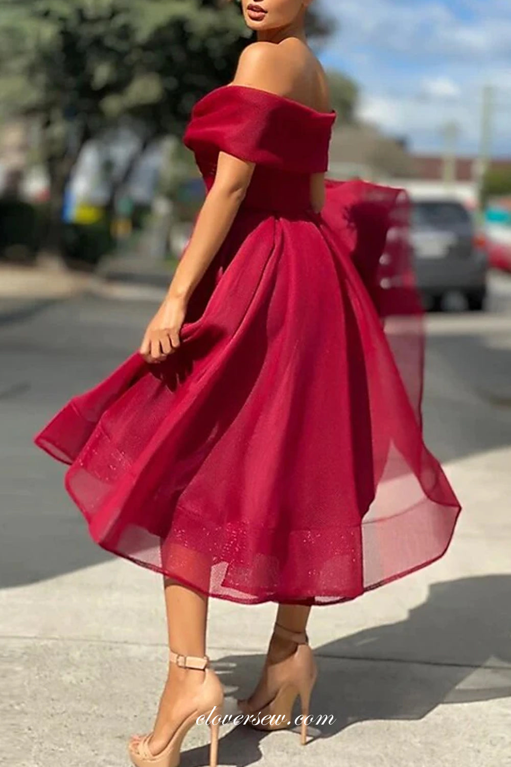 Dark Red Organza Off The Shoulder Elegant Tea Length Prom Dresses, CP0 clover sew Dark Red Organza Off The Shoulder Elegant Tea Length Prom Dresses, CP0 clover sew