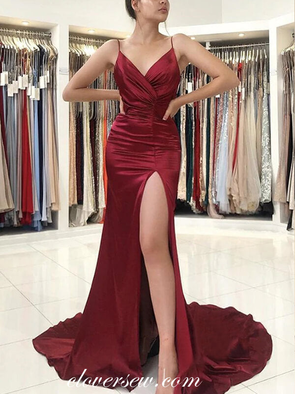 Dark Red Pleating V-neck Mermaid Side Slit Fashion Formal Dresses, CP0876