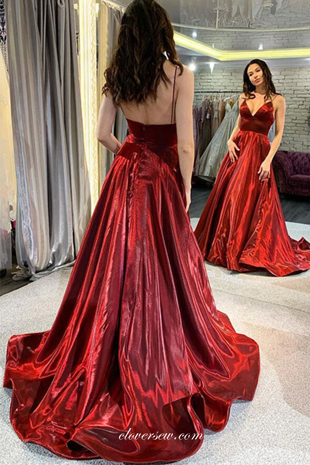 Dark Red Shiny Satin Spaghetti Strap A-line Prom Dresses, CP0820