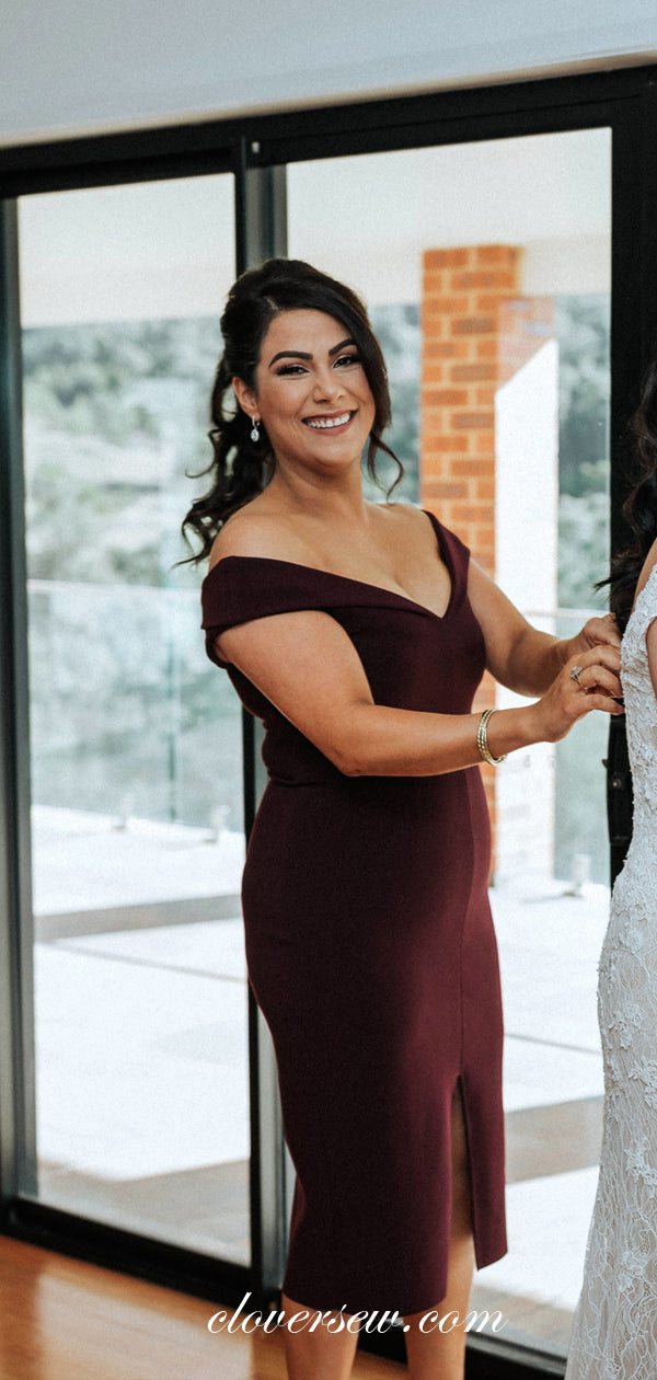 Dark Burgundy Off The Shoulder Sheath Knee Length Bridesmaid Dresses, CB0032 US8 / Custom Color(leaving a note)
