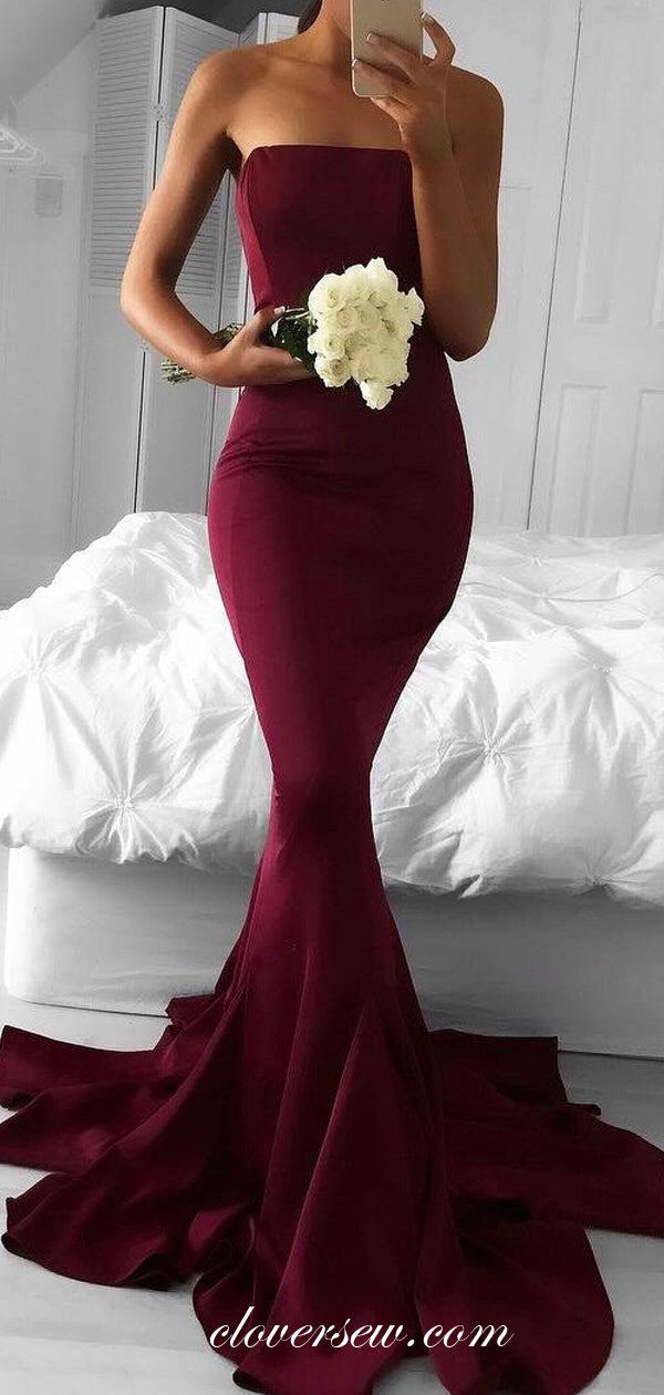 Dark Burgundy Strapless Mermaid Sweep Train Prom Dresses,CP0377