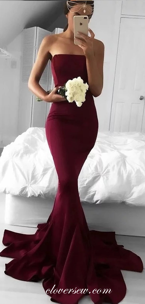 Dark Burgundy Strapless Mermaid Sweep Train Prom Dresses,CP0377 Dark Burgundy Strapless Mermaid Sweep Train Prom Dresses,CP0377